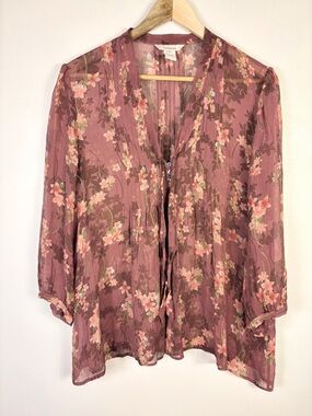 Sundance 100% Silk Peasant Blouse Pink Rose Floral V-Neck Sheer Whimsical Boho